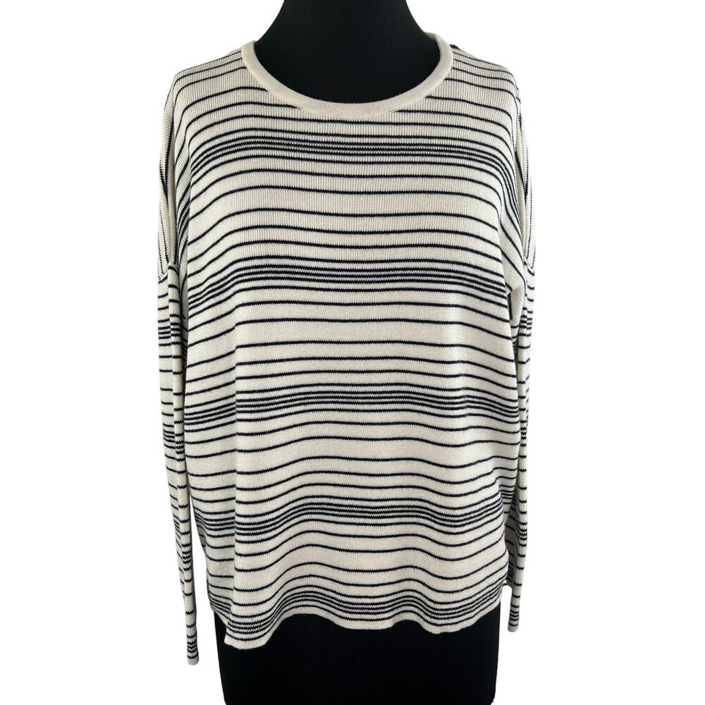Eileen Fisher Organic Cotton Black White Stripe Knit Long Sleeve Sweater M Med